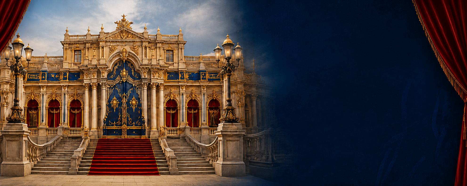 Grand palace-inspired architecture with a royal blue and gold gate